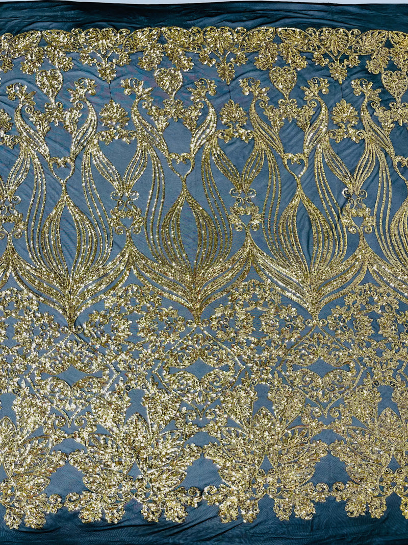 New Damask design with sequins embroider on a 4 way stretch mesh fabric-sold by the yard.