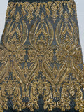 Empire Damask design with sequins embroider on a 4 way stretch mesh fabric-sold by the yard.