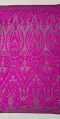 Empire Damask design with sequins embroider on a 4 way stretch mesh fabric-sold by the yard.