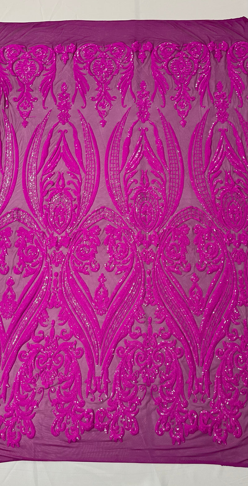 Empire Damask design with sequins embroider on a 4 way stretch mesh fabric-sold by the yard.