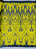 Empire Damask design with sequins embroider on a 4 way stretch mesh fabric-sold by the yard.