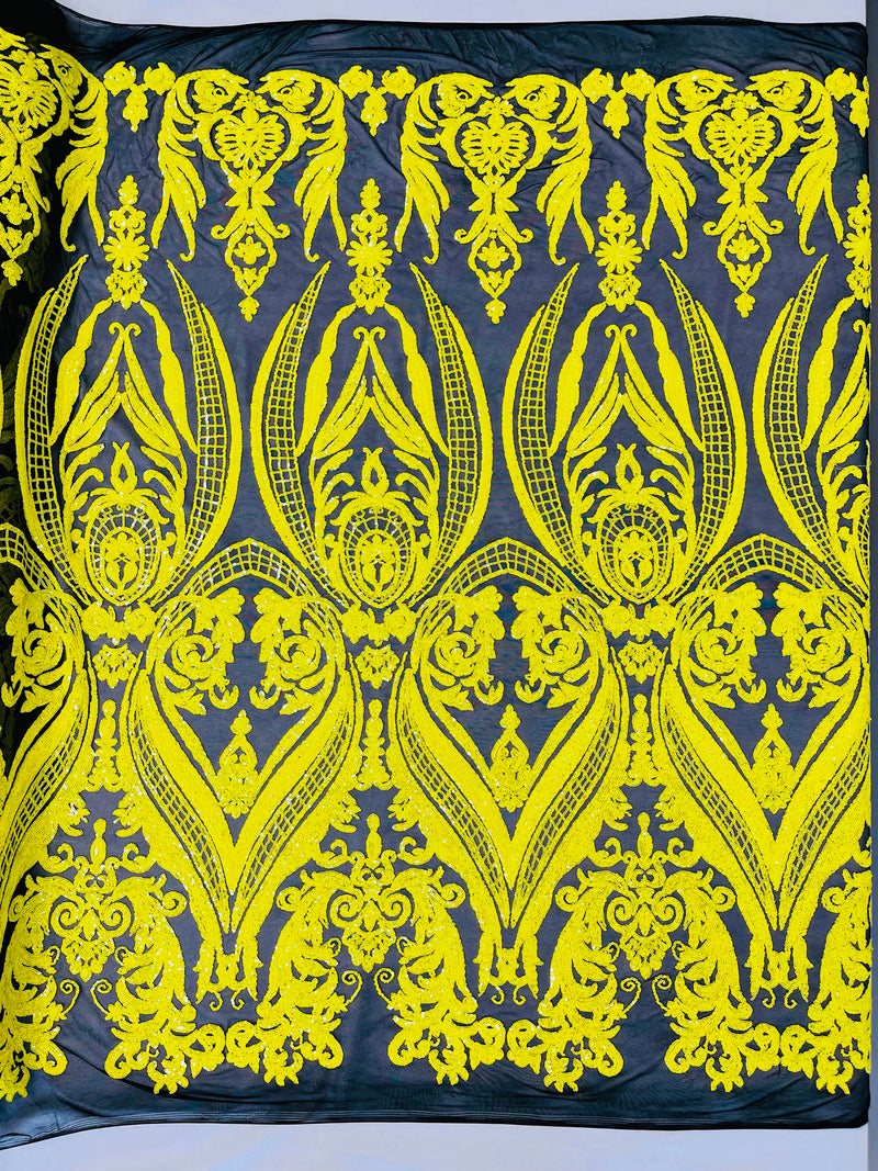 Empire Damask design with sequins embroider on a 4 way stretch mesh fabric-sold by the yard.