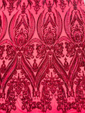 Empire Damask design with sequins embroider on a 4 way stretch mesh fabric-sold by the yard.