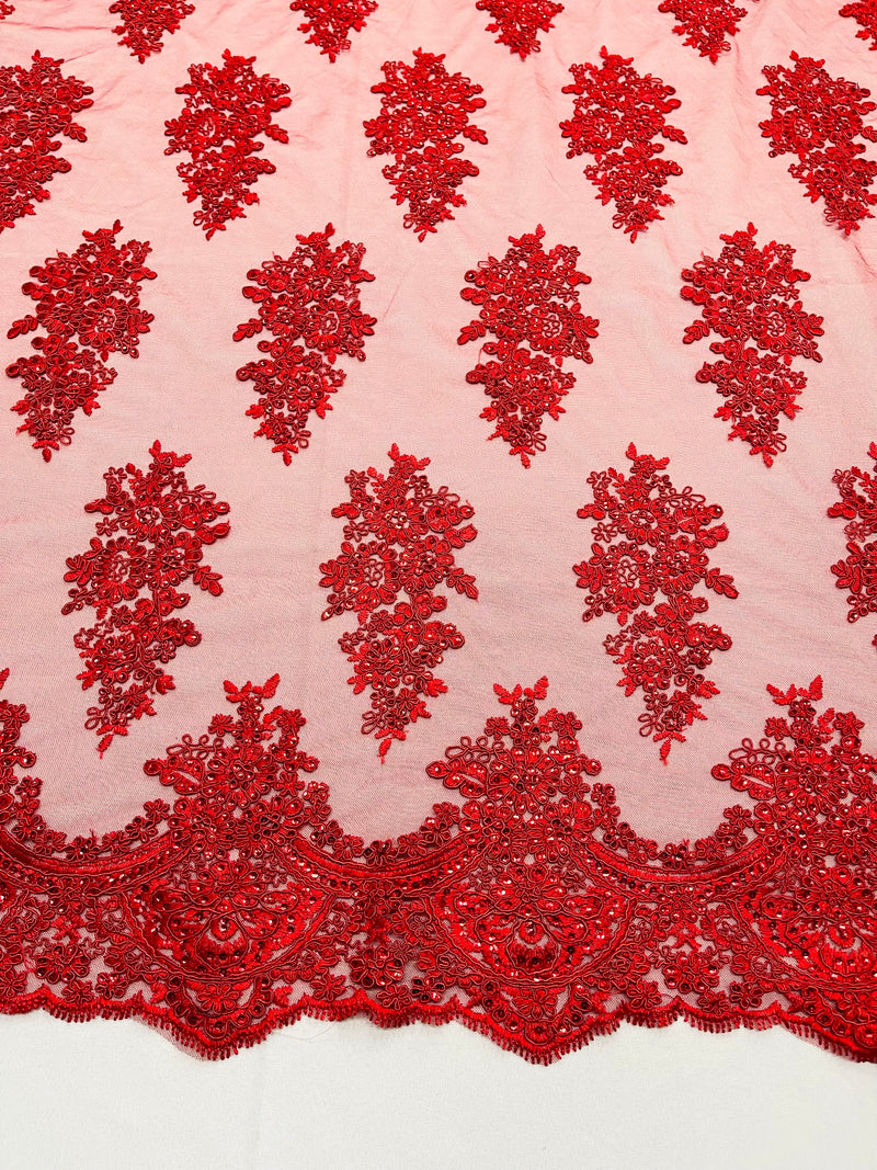 Valentina Floral embroider with sequins on a corded mesh lace fabric-sold by the yard.