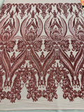 Empire Damask design with sequins embroider on a 4 way stretch mesh fabric-sold by the yard.