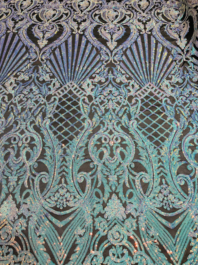 Aqua iridescent sequin damask design on a black 4 way stretch mesh-prom- sold by the yard.