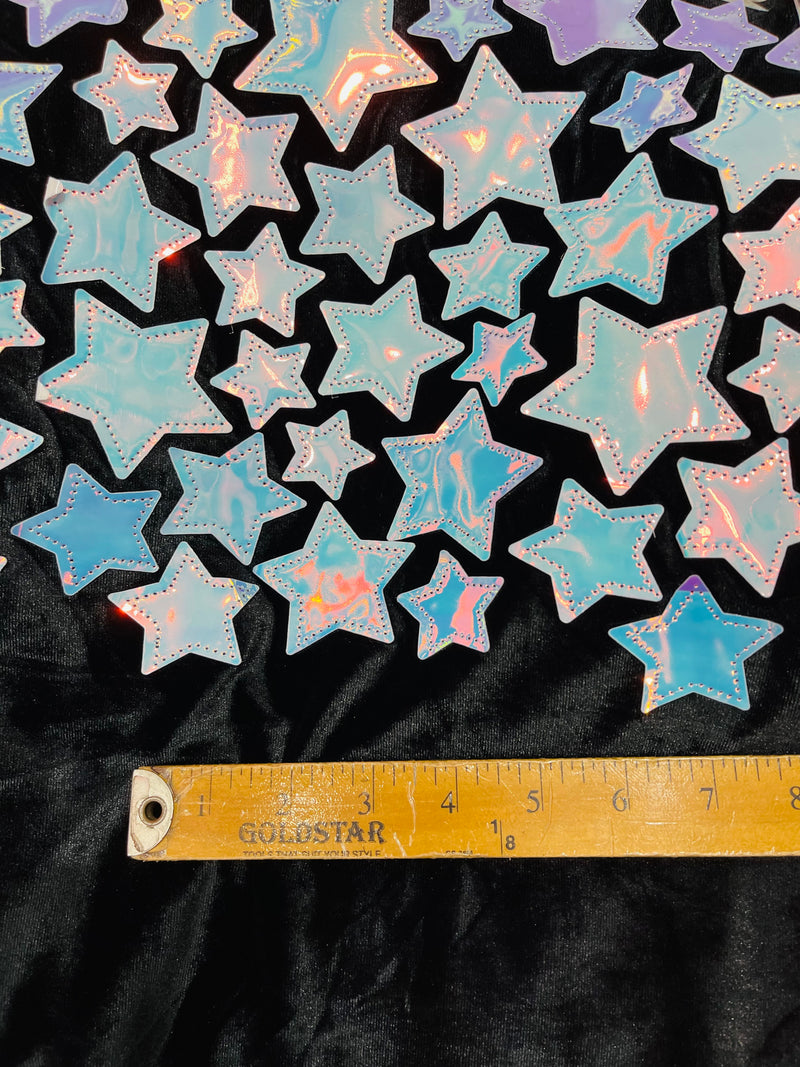 Aqua Iridescent sequin Stars On Black Stretch Velvet Fabric Sold By The Yard.