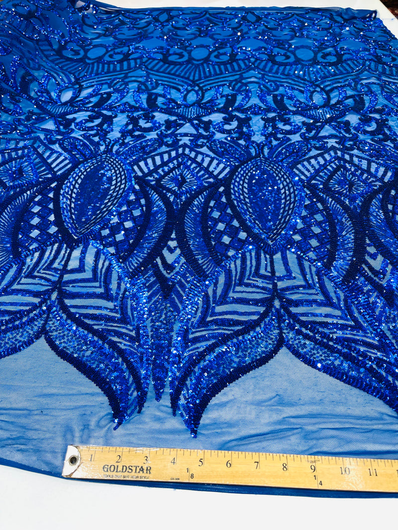 Royal Blue royalty design on a 4 way stretch mesh-prom-sold by the yard.