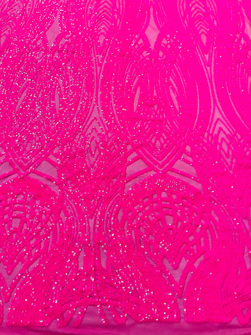 Feather damask shiny sequin design on a 4 way stretch mesh Fabric-prom-sold by the yard.