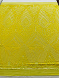 Queens geometric diamond design with shiny sequins on a 4 way stretch mesh fabric- sold by the yard.