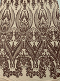 Empire Damask design with sequins embroider on a 4 way stretch mesh fabric-sold by the yard.