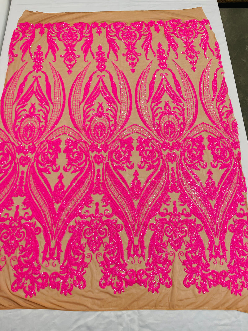 Empire Damask design with sequins embroider on a 4 way stretch mesh fabric-sold by the yard.