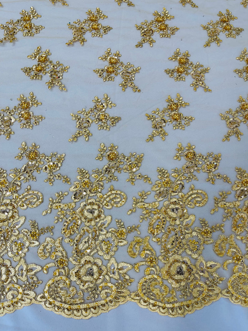 Gold Metallic fashion floral design embroider with sequins and hand beaded on a mesh lace-dresses-fashion-decorations-prom-sold by yard.