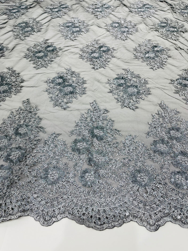 Floral corded embroider with glitter sequins on a mesh lace fabric-sold by the yard