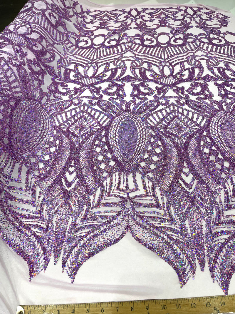 Lavender iridescent royalty design on a pink 4 way stretch mesh-prom-sold by the yard.