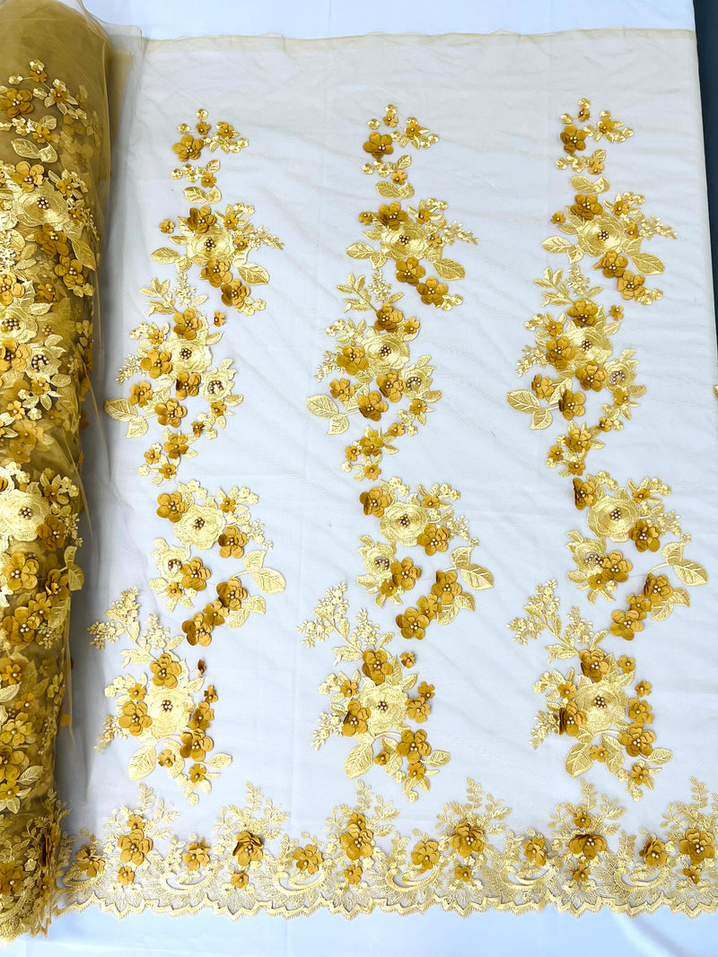 Scarlet 3d floral design embroider with pearls in a mesh lace-sold by the yard.