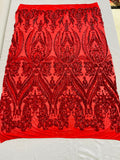 Empire Damask design with sequins embroider on a 4 way stretch mesh fabric-sold by the yard.