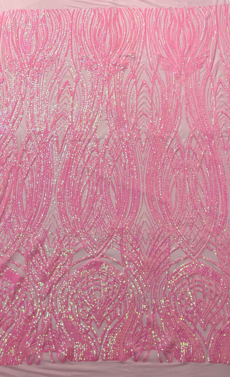 Feather damask shiny sequin design on a 4 way stretch mesh Fabric-prom-sold by the yard.