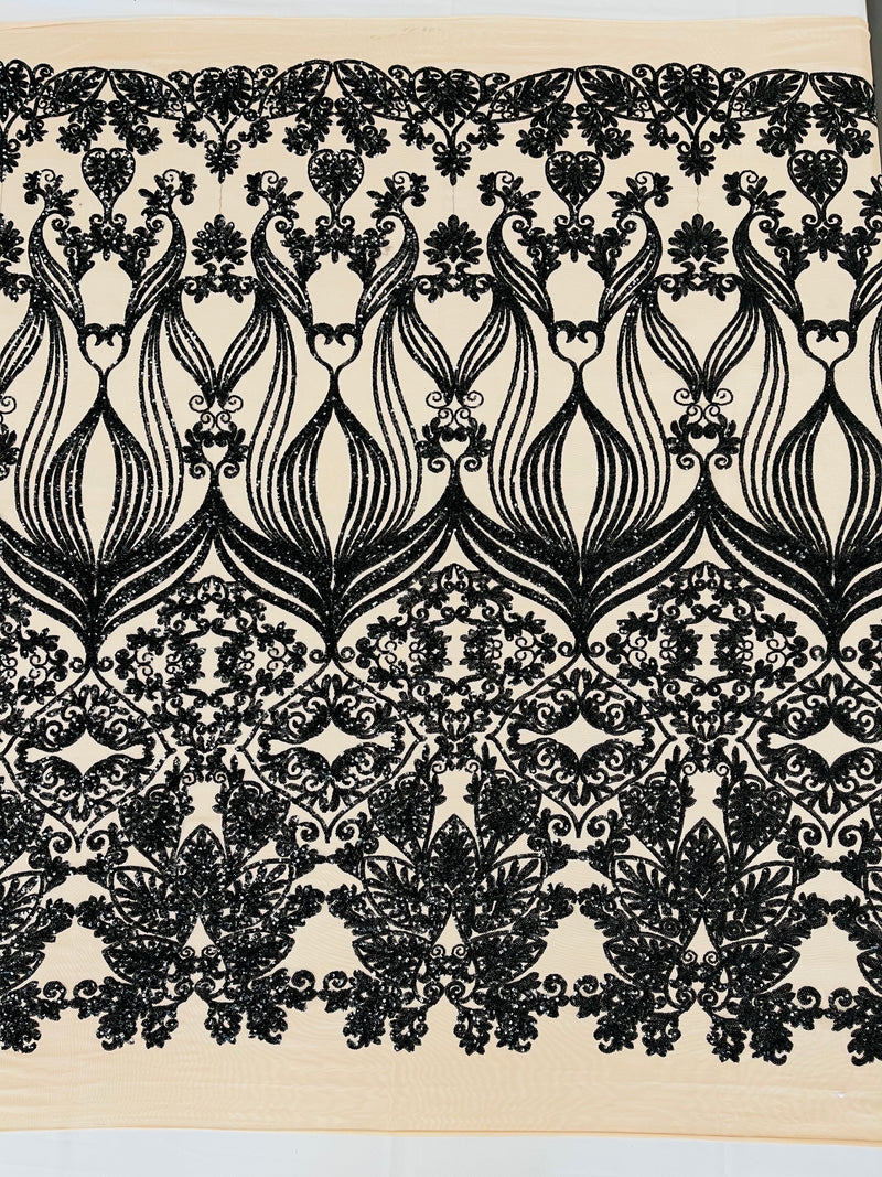 New Damask design with sequins embroider on a 4 way stretch mesh fabric-sold by the yard.