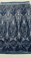 Feather damask shiny sequin design on a 4 way stretch mesh Fabric-prom-sold by the yard.