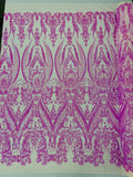 Empire Damask design with sequins embroider on a 4 way stretch mesh fabric-sold by the yard.