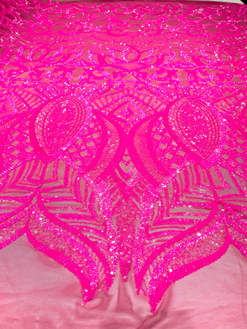 Hot Pink iridescent royalty design on a 4 way stretch mesh-prom-sold by the yard.