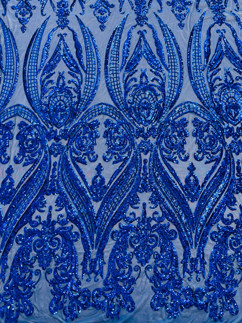 Empire Damask design with sequins embroider on a 4 way stretch mesh fabric-sold by the yard.