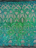 New Damask design with sequins embroider on a 4 way stretch mesh fabric-sold by the yard.