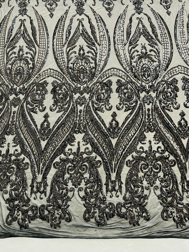 Empire Damask design with sequins embroider on a 4 way stretch mesh fabric-sold by the yard.