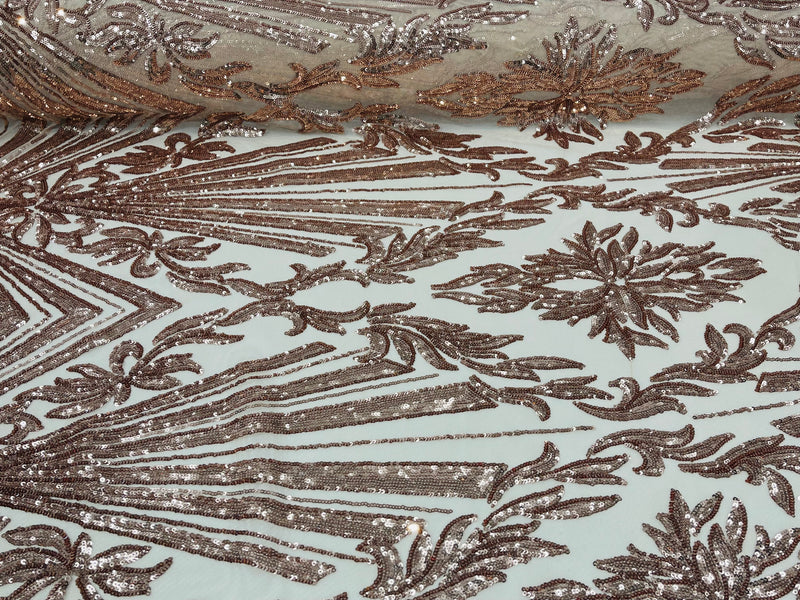 Rose gold sequin damask design on a 4 way stretch mesh- sold by the yard.