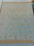 Empire Damask design with sequins embroider on a 4 way stretch mesh fabric-sold by the yard.