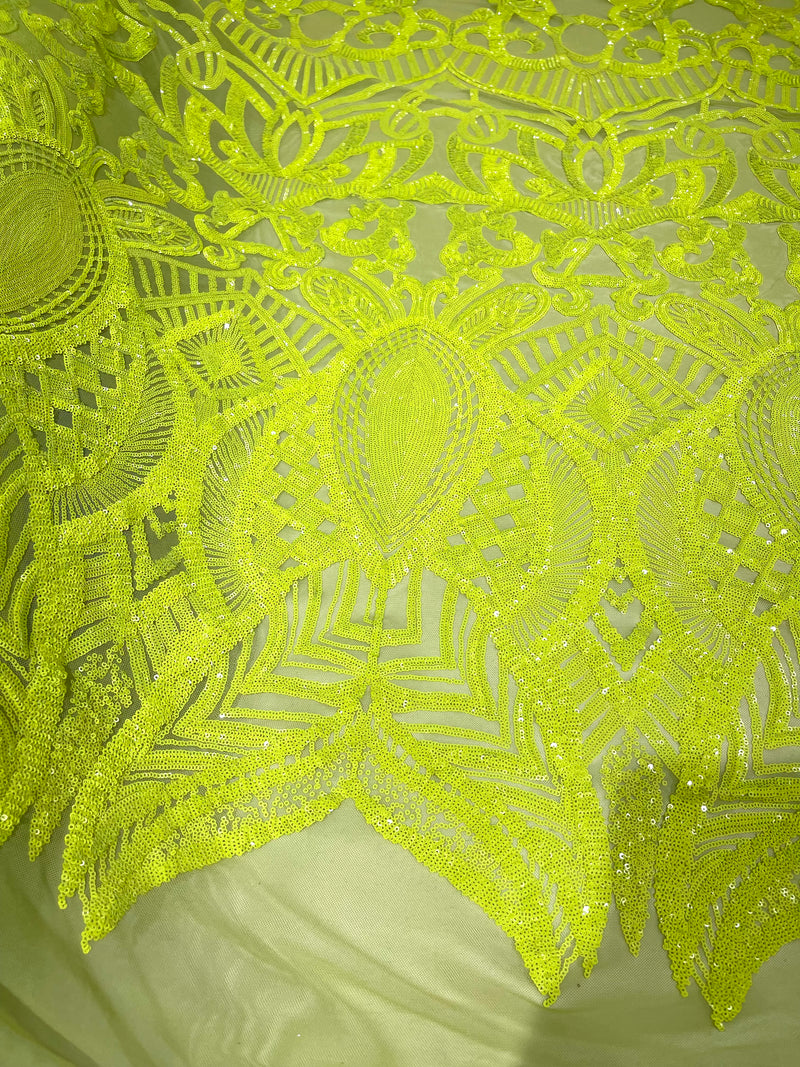 Neon Green iridescent royalty design on a green 4 way stretch mesh-prom-sold by the yard.