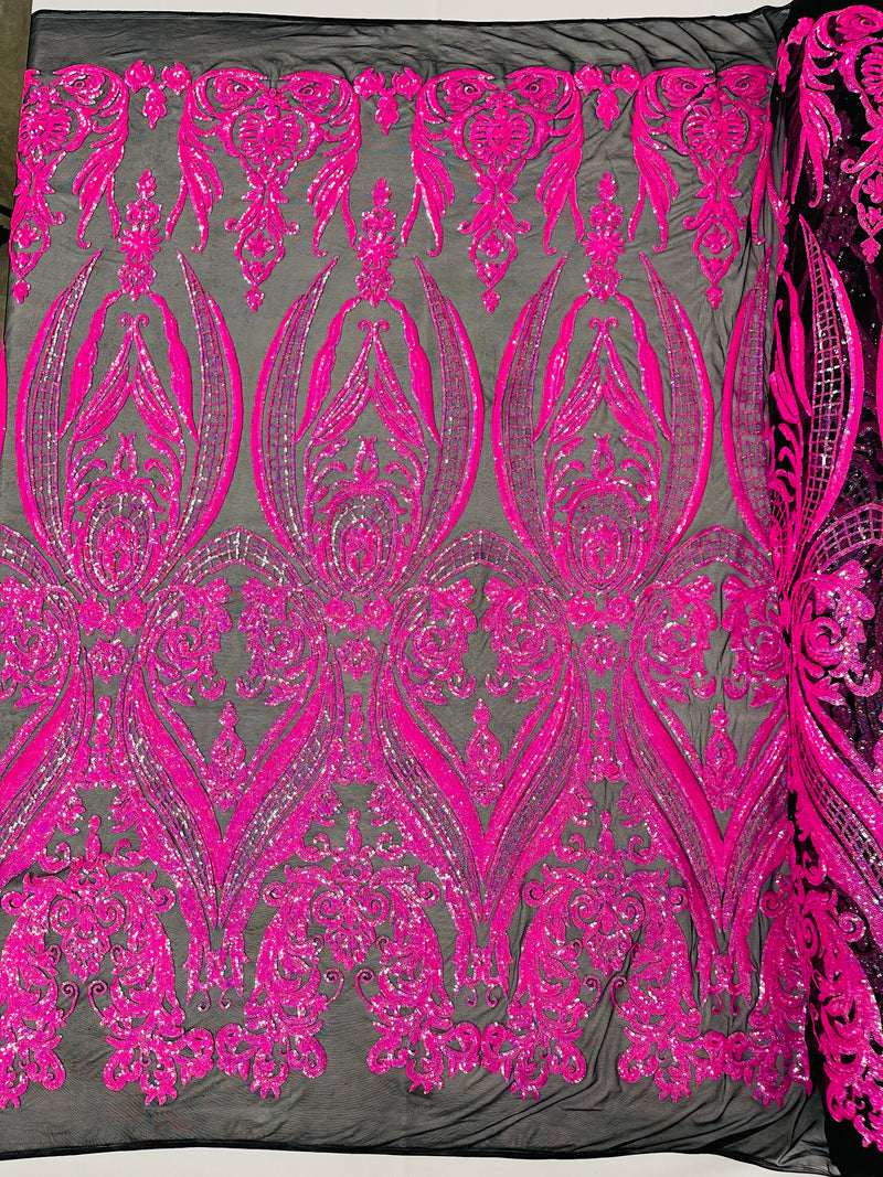 Empire Damask design with sequins embroider on a 4 way stretch mesh fabric-sold by the yard.