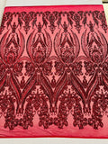 Empire Damask design with sequins embroider on a 4 way stretch mesh fabric-sold by the yard.