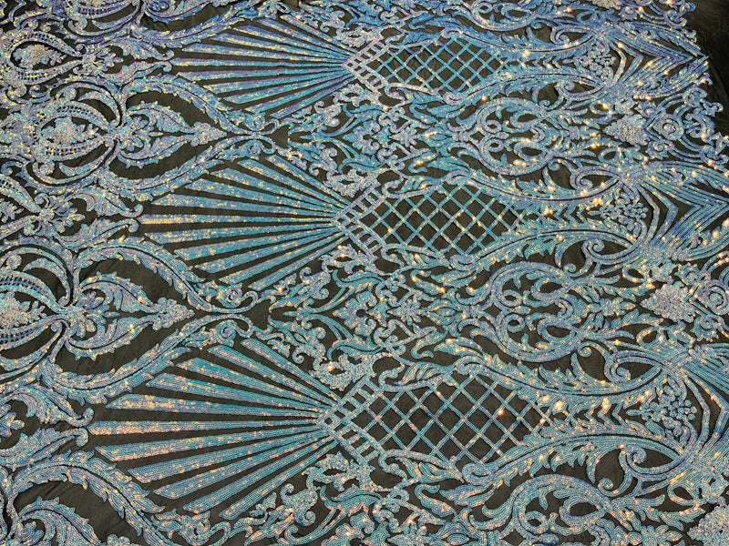 Aqua iridescent sequin damask design on a black 4 way stretch mesh-prom- sold by the yard.