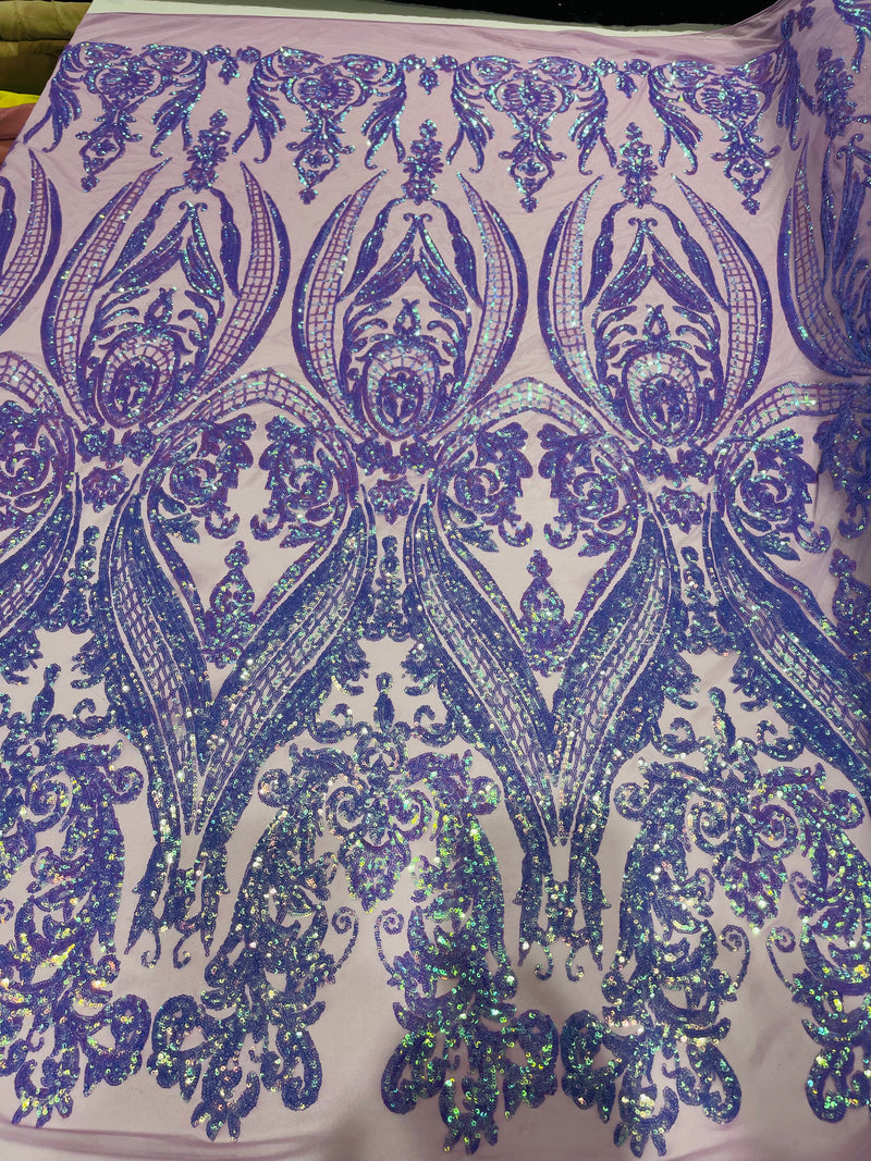 Empire Damask design with sequins embroider on a 4 way stretch mesh fabric-sold by the yard.