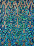 Empire Damask design with sequins embroider on a 4 way stretch mesh fabric-sold by the yard.