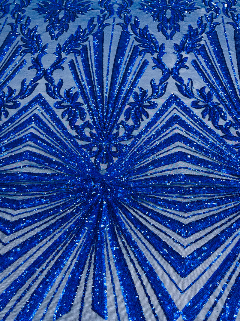 Royal blue sequin damask design on a 4 way stretch mesh- sold by the yard.