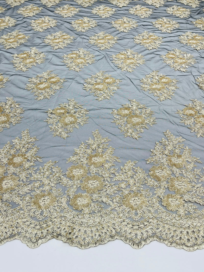 Floral corded embroider with glitter sequins on a mesh lace fabric-sold by the yard