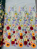 Multi color Sun flower 3d design embroider in a mesh lace-sold by the yard.