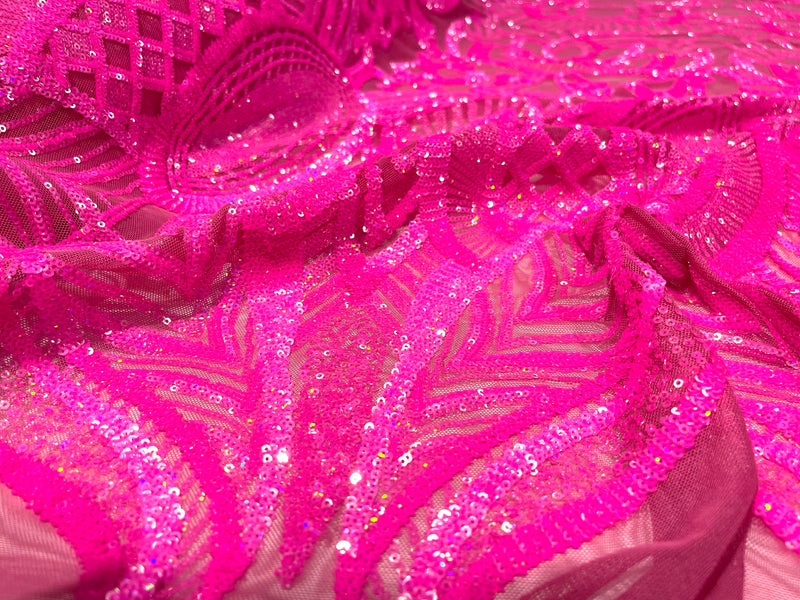 Hot Pink iridescent royalty design on a 4 way stretch mesh-prom-sold by the yard.