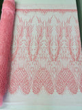 Wing feathers damask embroider and heavy beaded on a mesh lace fabric-sold by the yard