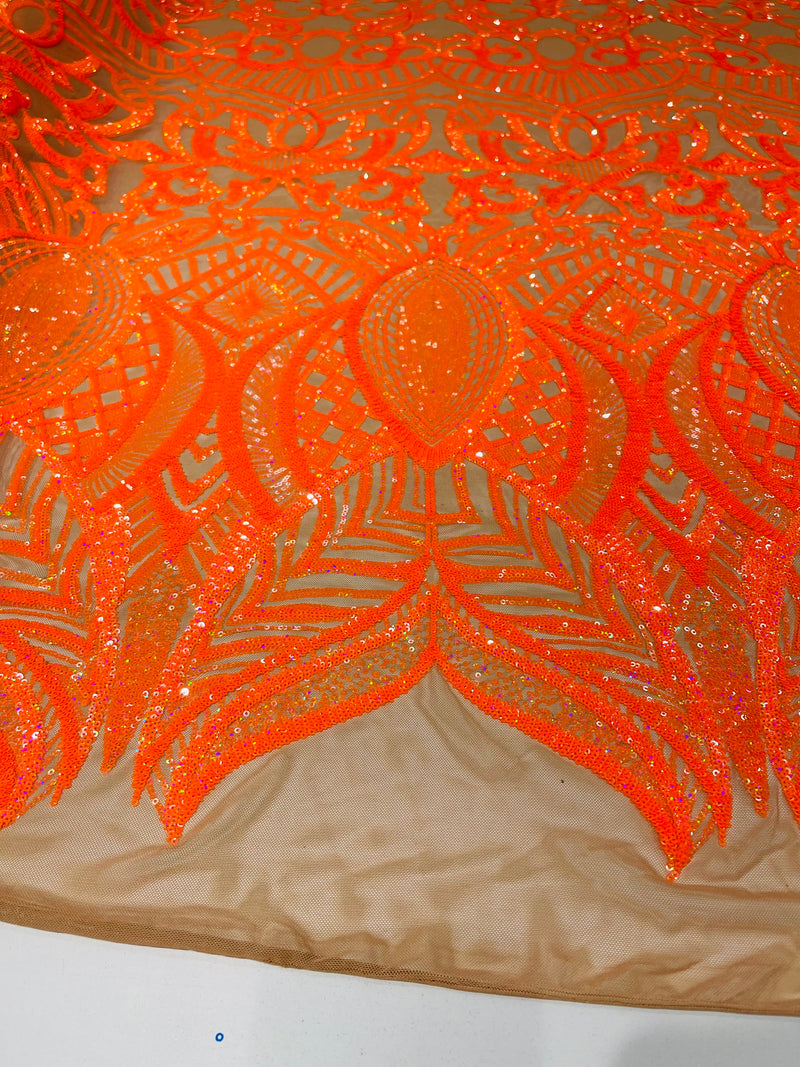 Neon Orange iridescent royalty design on a skin 4 way stretch mesh-prom-sold by the yard.