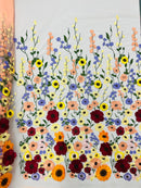 Multi color Sun flower 3d design embroider in a mesh lace-sold by the yard.