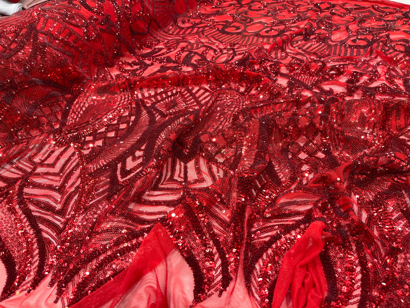 Red royalty design on a 4 way stretch mesh-prom-sold by the yard.