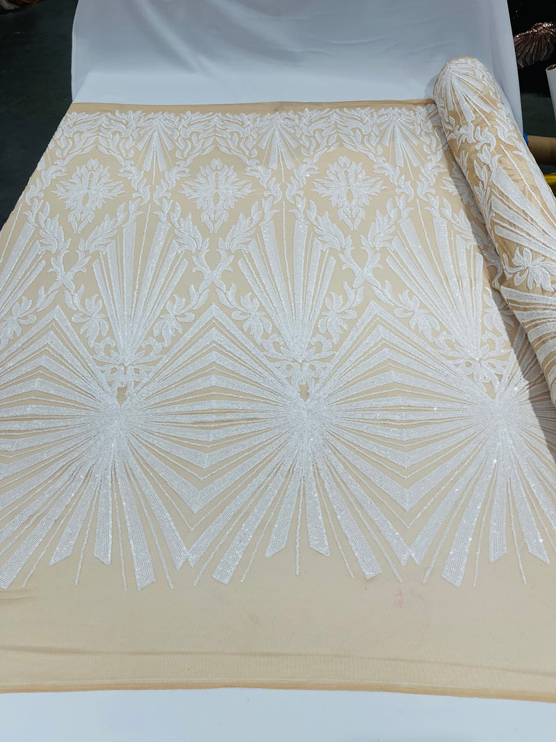 White sequin damask design on a  nude 4 way stretch mesh- sold by the yard.