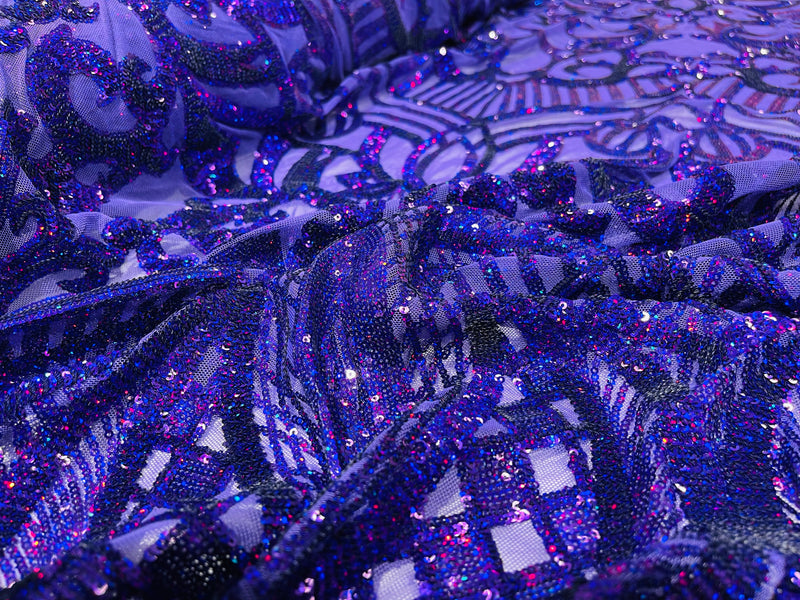 Purple iridescent royalty design on a 4 way stretch mesh-prom-sold by the yard.