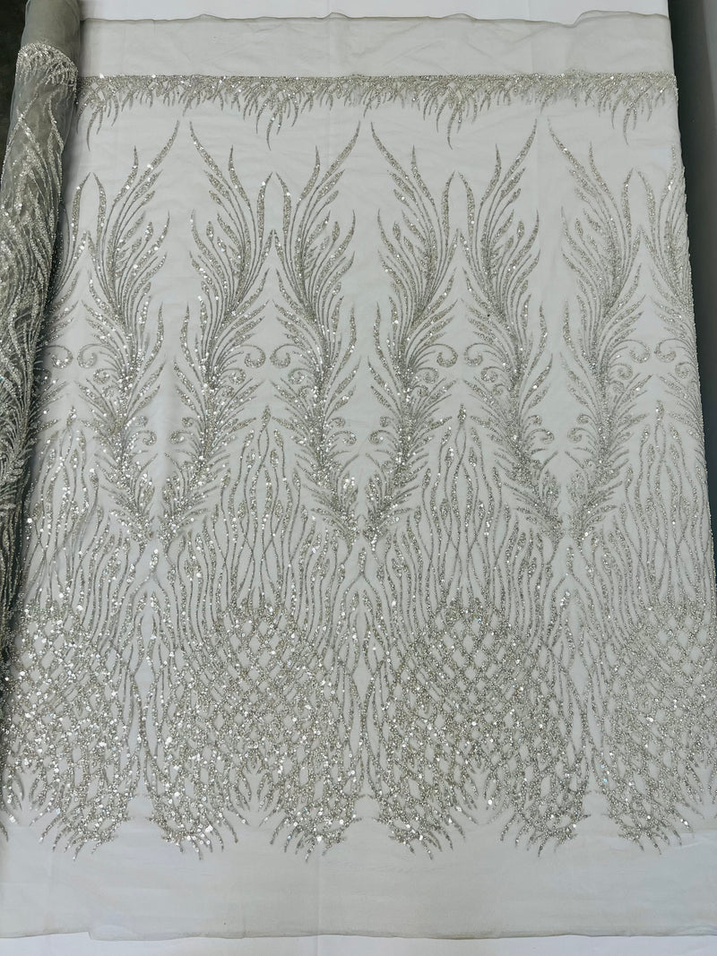 Wing feathers damask embroider and heavy beaded on a mesh lace fabric-sold by the yard