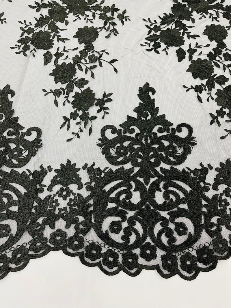 Elegant flower damask flat lace embroidery on a mesh-sold by the yard.