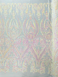 Empire Damask design with sequins embroider on a 4 way stretch mesh fabric-sold by the yard.